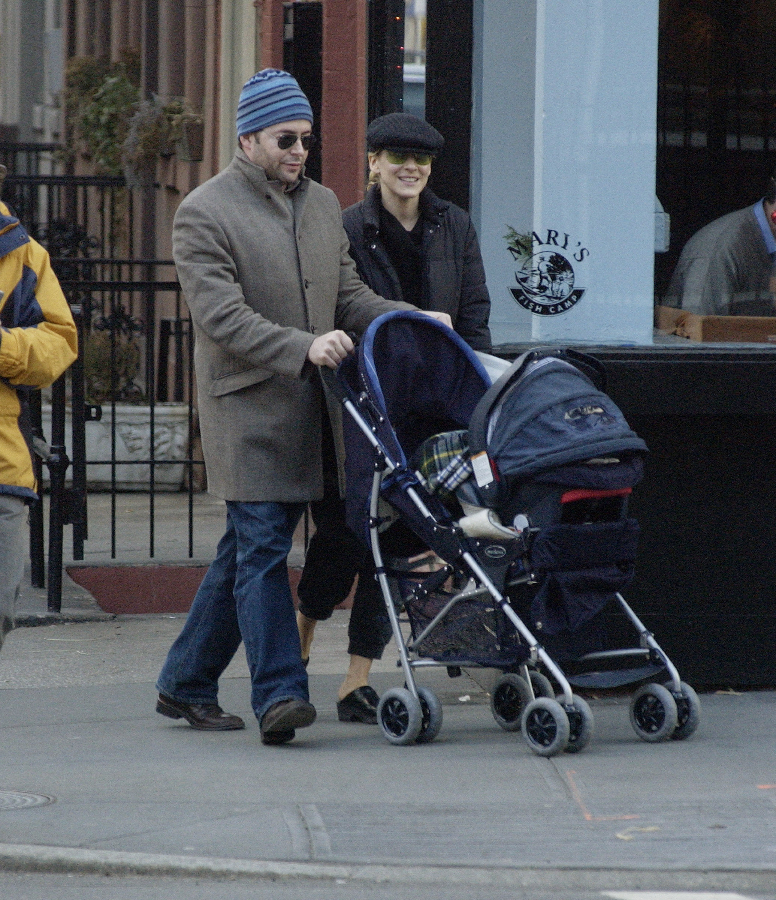 Just two months after becoming parents, the couple were photographed taking their newborn son for a stroller walk along Manhattan's Madison Avenue. | Source: Getty Images.