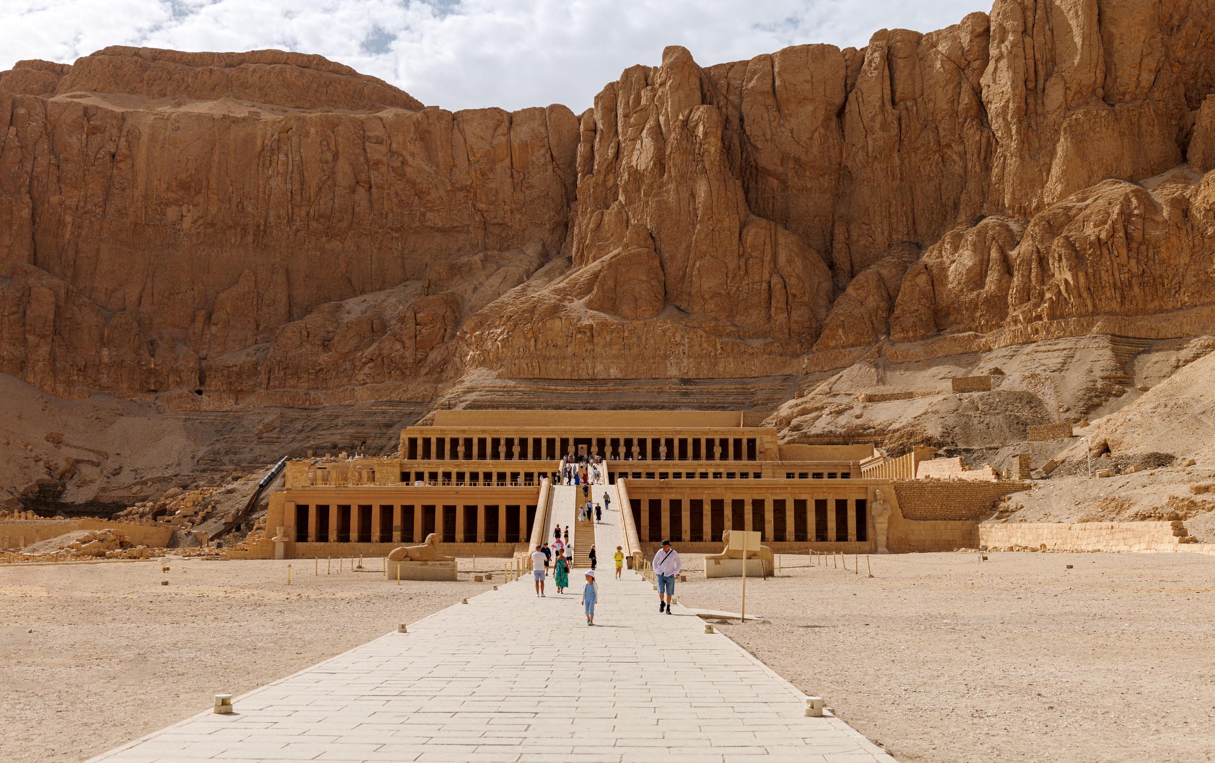 General view of the central ramp and colonnaded terraces on April 6, 2026 at Mortuary Temple of Hatshepsut in Luxor, Egypt | Source: Getty Images